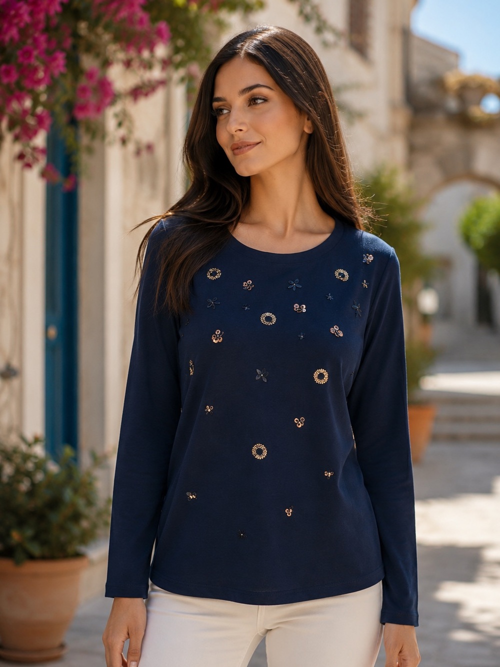 Chico's Black Long Sleeve Top with Gold Embellishments
